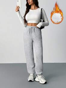 SHEIN Tall 女士休闲宽松口袋纯色针织裤 - 灰色 - 查看 5