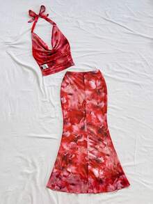 Soleia 女士度假两件套针织印花网眼露背扭纹抽绳褶饰修身套装，派对性感约会海滩度假夏季服装，节日约会下午茶，婚礼季节，海滨邮轮度假，城市度假，波西米亚风度假，音乐节 - 酒紅色 - 查看 2