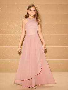 少女优雅奢华粉色露背长款雪纺连衣裙，适合晚会、宴会、婚礼、节日、圣诞节、万圣节、返校、毕业典礼等场合 - 粉色 - 查看 4