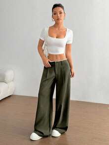 SHEIN Unity Versatile Commuting & Business Women's High-Waisted Patchwork Design Super Slimming Straight Leg Olive Green Wide Leg Pants - Army Green - View 6