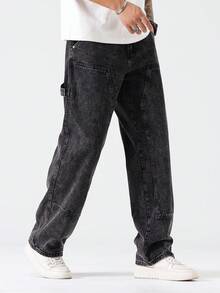 Manfinity Hypemode 男士休闲日常斜口袋宽松直筒牛仔裤 - 灰色 - 查看 4