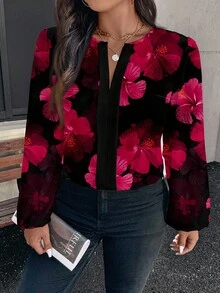 EMERY ROSE Elegant Floral Print Plus Size Blouse, Suitable For PartiesIn ,Flower/Spring/Summer/Vacation Fall - Multicolor - View 5