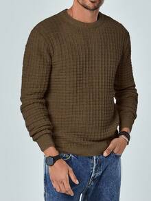 EURMUSE Suéter básico casual de cuello redondo de manga larga para hombre - Marrón Chocolate - Ver 3