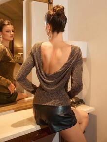 Poéselle 女士优雅垂褶领修身长袖T恤，棕色上衣，外出上衣，优雅派对上衣，女士圣诞节，圣诞派对，休闲派对闪亮商务新年，秋冬季 - 金色 - 查看 1