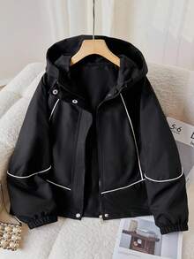 SHEIN 女童休闲百搭连帽外套，黑色配白色绳带装饰，松紧袖口，银色按扣，适合上学、通勤、郊游、运动，可搭配长袖上衣和裤子 - 黑色 - 查看 9
