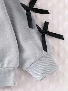 SHEIN Áo nỉ dài tay in nơ màu xám thường ngày cho bé gái, dễ thương và thời trang cho mùa thu - Xám - Xem 5