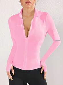 SHEIN Sovereign Charm Chaqueta deportiva ajustada de manga larga con cremallera y unicolor para mujer