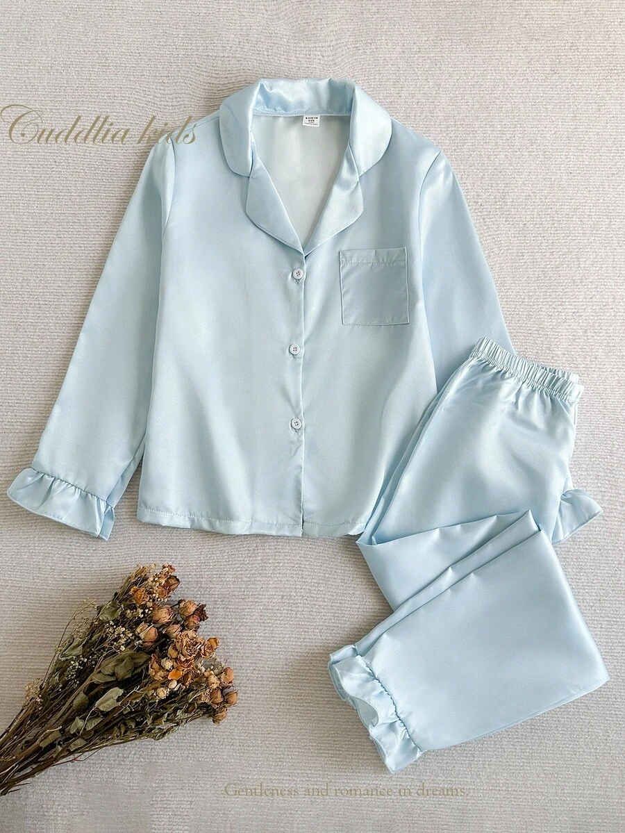 SHEIN 2 件女童纯蓝色休闲简约长袖上衣和裤子套装，舒适家居服 - 藍色 - 查看 1