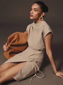 Hauture Váy ngắn không tay xẻ tà cổ cao gợi cảm phong cách văn phòng Old Money Business - Màu Khaki - Xem 1