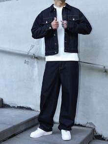 Manfinity EMRG 男士深蓝色牛仔两件套，休闲夹克和宽松长裤，春秋季