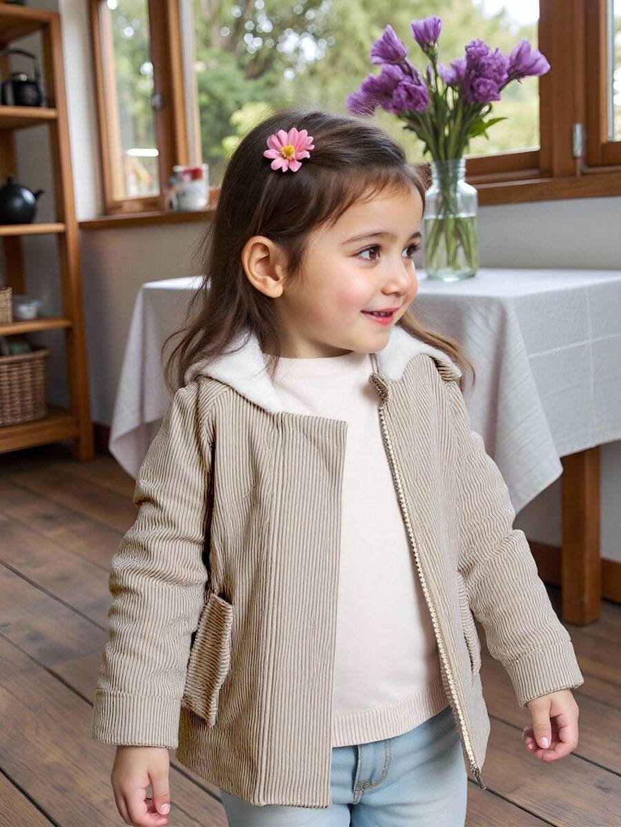 SHEIN Baby Girl Autumn&Winter Coat Casual Style Thicker And Warmer Jacket Fall - Khaki - View 1
