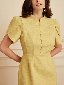 Aveloria Rosie Váy vải tuýt ôm eo cổ đứng tay tulip kiểu Pháp thanh lịch dành cho nữ - Màu vàng - Xem 2