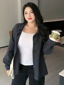 Dazy Plus 翻领条纹宽松短袖黑色休闲衬衫 - 藏蓝色 - 查看 5