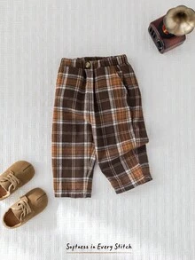 Cozy Pixies Pantaloni casual con vita elastica a quadri in tonalità terra per bambini maschi
