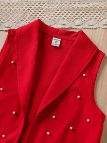 3 Stücke/Set Mode für Kleine Mädchen, weißes Langarm T-Shirt mit Rundhalsausschnitt + rosa Blazer Weste mit Perlen + Hose mit elastischem Bund und weitem Bein, geeignet für Alltag, Lässig, Schule, alle Jahreszeiten - Rot - Übersicht 7