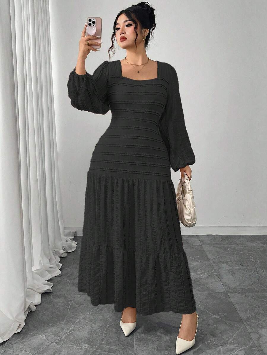 Modelyn Plus Size Women Knitted Long Sleeve Split Square Neck Frill Trim Dress - Black - View 1