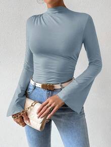 RosyDaze 女式纯色束腰喇叭袖飘逸紧身衣 - 藍色 - 查看 6