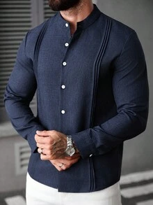 Manfinity CasualCool Men's Casual Stand Collar Long Sleeve Shirt, Suitable For Daily Wear, Navy Blue Business Button-Down Dress Shirt, Old Money, Fall