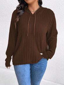 Plus Size Women's Casual Solid Color Ribbed Sweatshirt Fall - Coffee Brown - View 3