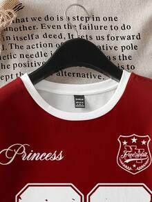 SHEIN EZwear Casual Minimalist Number 23 & Bow Print Round Neck Short Sleeve Loose Women T-Shirt,Red Top