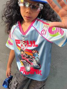 Paul Frank X SHEIN Tween Girls Four Seasons Cartoon Figure Graphic V-Neck Jersey Tee,Streetwear,Cute,Basic,Daily Wear,Glitter - Blue - View 1