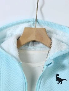 SHEIN 2 件套可爱卡通印花拉链连帽衫和慢跑裤套装，休闲街头服饰，舒适秋冬 - 藍色 - 查看 3