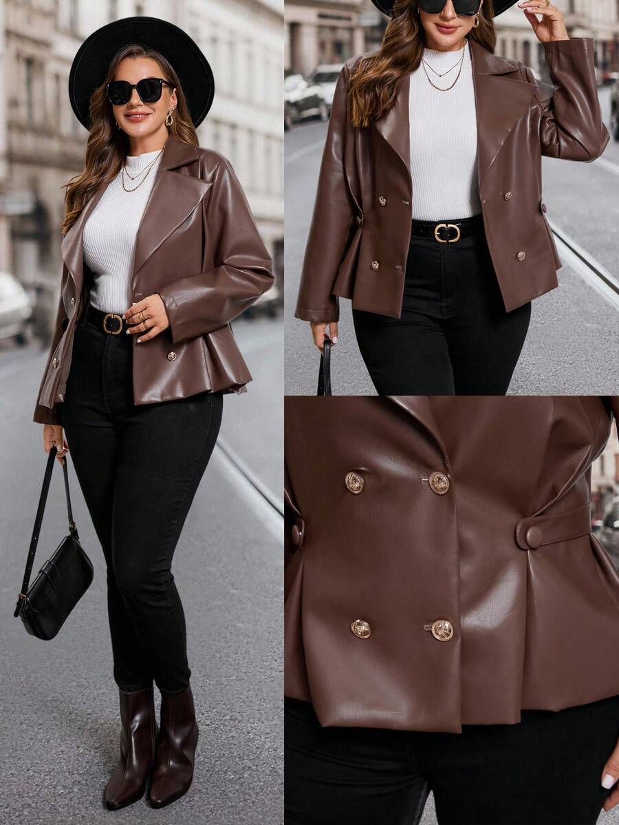 SHEIN Clasi 加大码翻领双排扣金属纽扣 PU 曲线腰时尚皮夹克棕色皮夹克女式女式皮夹克棕色女式夹克加大码皮夹克 - 棕色 - 查看 1