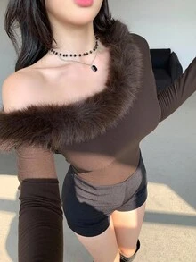 DAZY 女式羊毛拼布斜肩基本款长袖T恤，秋冬