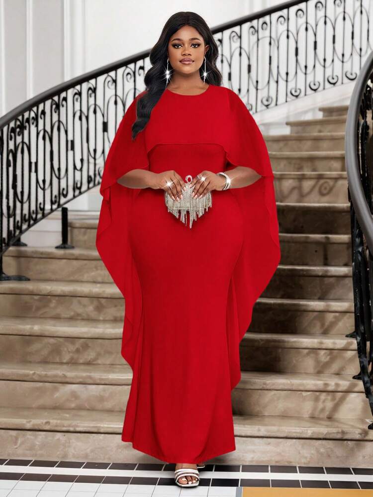 Fleurora 2025 New Clothing Spring, Summer, Autumn And Winter Plus Size Knitted Round Neck Red Mesh Splicing Cape Shape Waist Long Fishtail Plus Size Dress Fall Women Clothes Wedding Guest Dress Women Fall Clothes For Women Winter Clothes Halloween & Christmas Red Carpet Dress Red Formal Dress Red Cape Dress Red Wedding Guest Dress Elegant Red Dress - Red - View 4