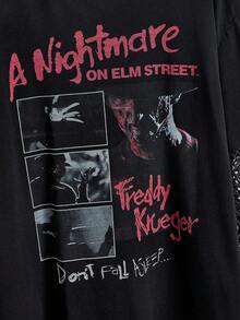 A Nightmare on Elm Street X ROMWE 字母和数字图案撞色网眼女式韩流长袖T恤 - 黑色 - 查看 2