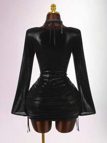 Amplova 2件套女士时尚长袖性感衬衫套装 - 黑色 - 查看 7