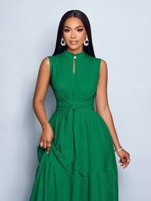 SOLERSUN 蓝色立领前开襟无袖束腰系带连衣裙女式优雅休闲时尚通勤 - 綠色 - 查看 6