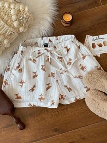 CovetEZ Quần short cạp chun rộng in họa tiết hươu thường ngày cho nữ - trắng - Xem 3