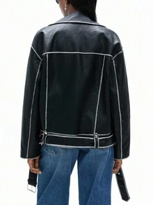 Aveloria GENKIRA New Loose Fit Vintage Lapel Hem Tie Waist Motorcycle Leather Jacket - Black - View 2