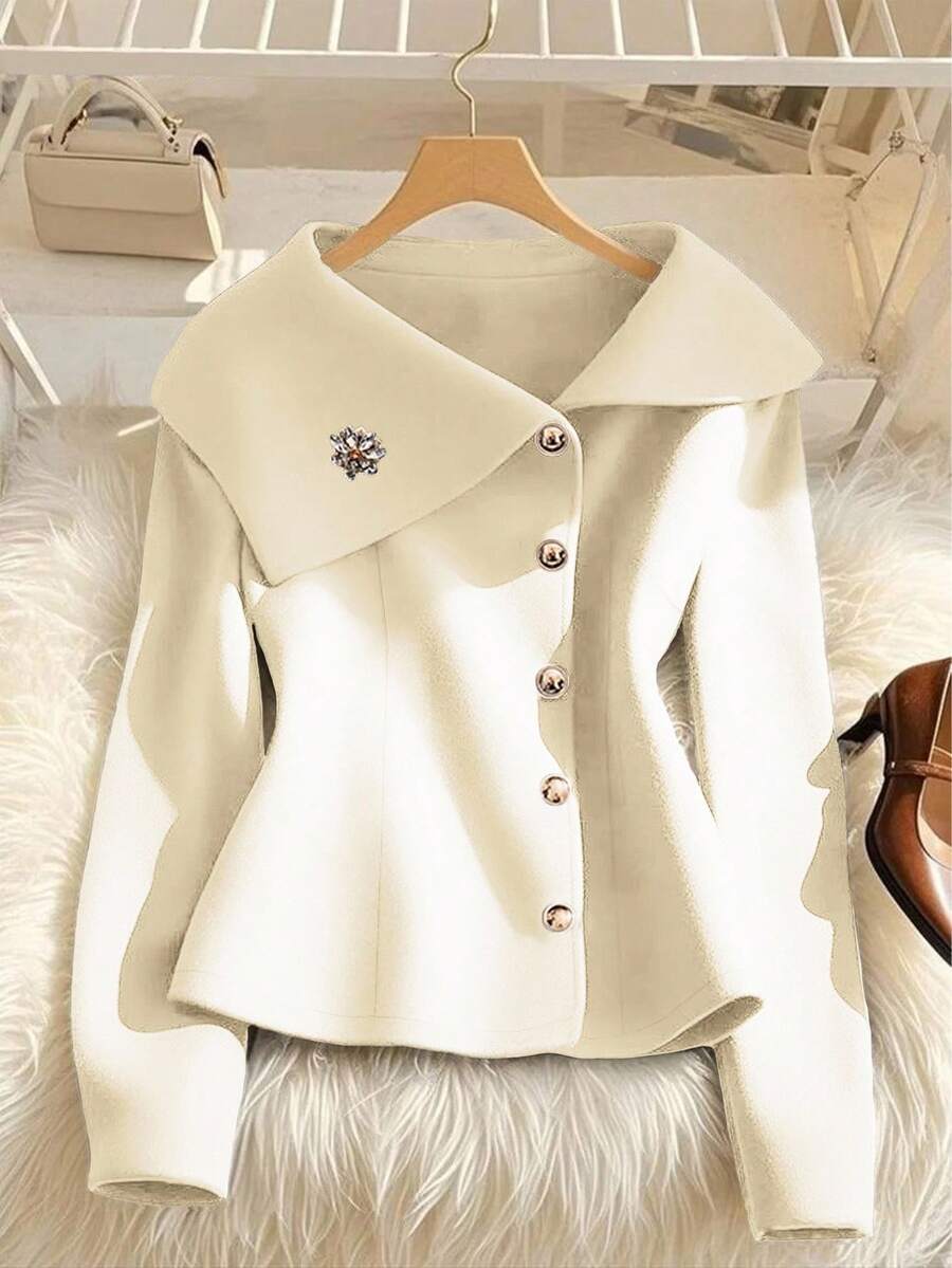 GlowEve Élégant manteau pour femme avec décoration de bouton métallique floral et grand revers