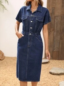 EMERY ROSE Women's Casual Short Sleeve Denim Dress, Summer - Dark Wash - View 4