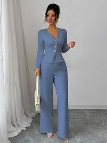 Elenzga Women's Elegant Long Sleeve Blazer And Pants Suit Set, Business/Commute Style, Suitable For Summer, Independence Day, Graduation, Back To School - Light Wash - View 6