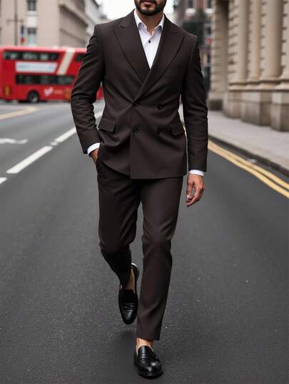 Manfinity Mode This Blazer And Pants Suit Set Masterfully Blends Modern Minimalism With Classic Business Design, Offering A Refined And Premium Texture. The Slim, Three-Dimensional Tailoring Suits All Body Types, Showcasing Sharp Confidence. Timeless, Versatile Colors , Business Trips, Gatherings, Commuting, Or Travel. Simple Yet Sophisticated, Wrinkle-Resistant, And Easy To Care For, It's Ideal For Photos, Street Styles, And Daily Check-Ins. The Skin-Friendly And Comfortable Fabric Makes It Perfect For Spring, Summer, And Autumn. As A Gift For Your Boyfriend, Husband, Father, Or Friends, This Suit Is Both Practical And Stylish, Filled With Care And Taste. Business Formal Elegance Classic Tailored Fit Versatile For Multiple Occasions Men's Solid Color Lapel Neck Double-Breasted Long Sleeve Suit Jacket And Pants, Casual Business Outfit