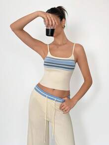 SHEIN Tall Vestă contrastantă cu talie joasă și șnur de cusut, pantaloni largi tricotați, ușori, de primăvară-vară, doar pentru vacanțe, eleganți, pentru plajă, drăguți, pentru aeroport, casă de plajă, îmbrăcăminte de aeroport, vacanță, toamnă/iarnă - Cremă - Vizualizare 4