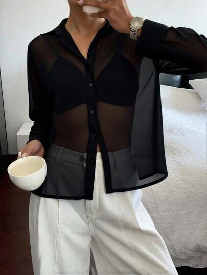 Siren Gaze Sheer Button Front Shirt Without Bra,Long Sleeve Tops Party Black Summer Black
