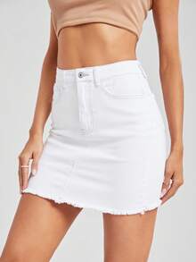 Selenza High Waist Raw Hem Denim Skirt - White - View 3