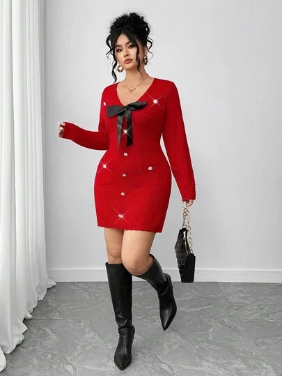 Elenzga 秋冬简约时尚长袖宽松蝴蝶结针织毛衣裙，适合婚礼宾客、女士夜间外出