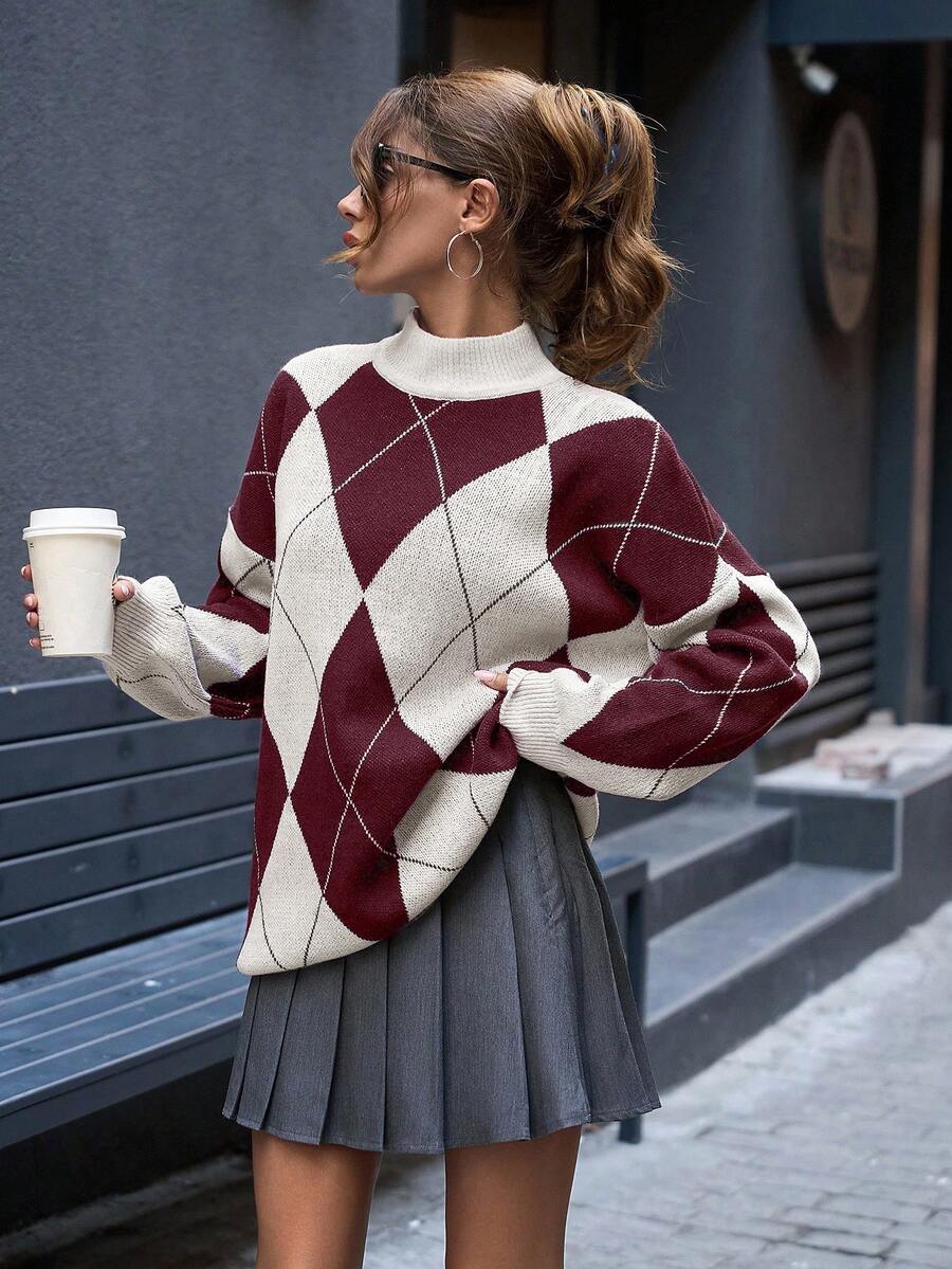 SHEIN Tall Tall Size Women Mock Neck Diamond Pattern Drop Shoulder Multicolor Pullover - Burgundy - View 1
