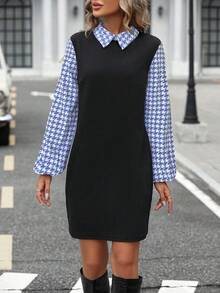 EMERY ROSE 女式千鸟格拼接长袖休闲连衣裙 - 灰色 - 查看 6