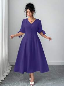 Elenzga Women's Solid Color V-Neck Bow Elegant Dress - Purple - View 8