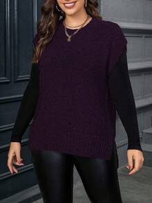 Calvaya Plus Size Casual Solid Color Side Slit Knit Vest, Autumn/Winter - Purple - View 3