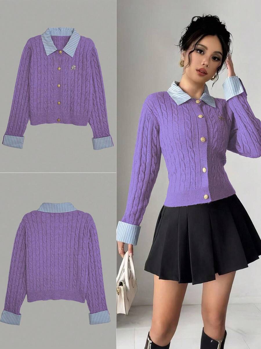 Chiquease Áo khoác len cardigan ngắn 2 trong 1 chắp vá thời trang lấy cảm hứng từ Blogger, phong cách Châu Âu và Mỹ - Màu tím Violet - Xem 1