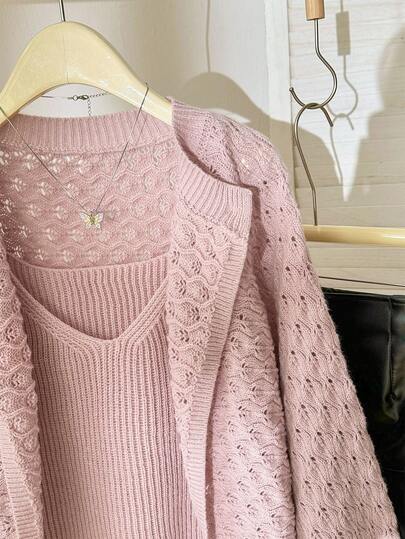 Modelyn Women's Solid Color Minimalist Long Sleeve Sweater & Camisole 2 Pieces Set, Everyday Wear Autumn Winter Clothes For Women