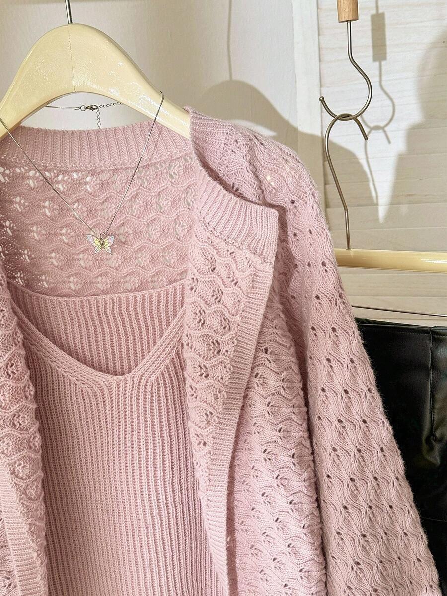 Modelyn 女式纯色简约长袖毛衣和吊带背心两件套，适合日常穿着的秋冬服装 - 藍色 - 查看 1