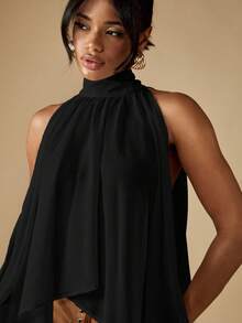 MISSGUIDED 优雅立领无袖衬衫，背部蝴蝶结细节，泡泡袖长款垂坠飘逸设计，适合晚会和节日场合 - 黑色 - 查看 4